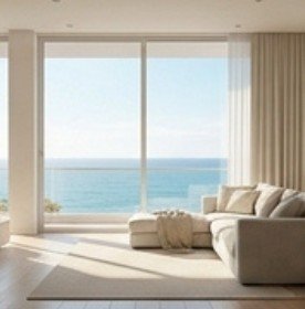 Salón con vistas al mar en una villa cuidada por Karis Pure